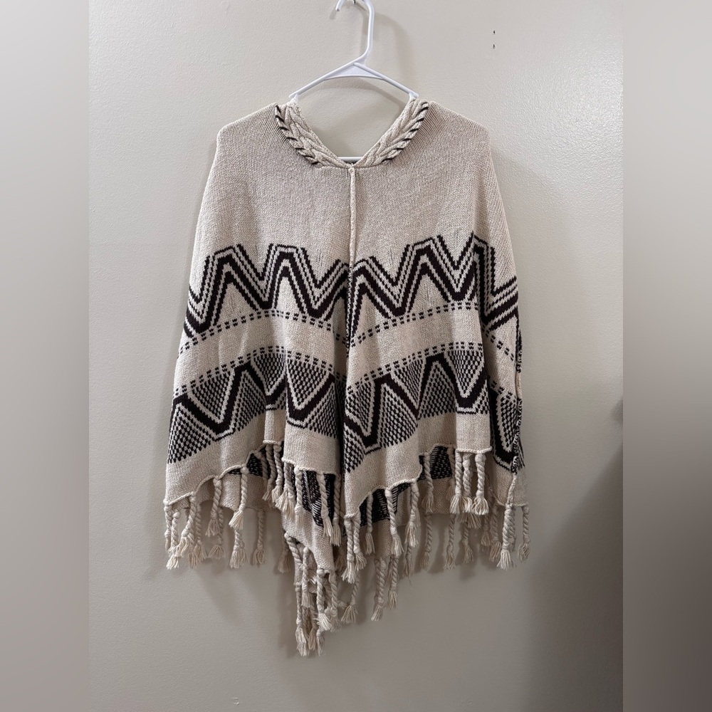 Lucky Brand Cream and Black Geometric Poncho Sweater